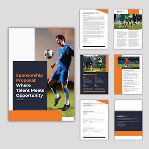 Puede incluir: Diseño de propuesta de patrocinio de fútbol con un jugador de fútbol con uniforme azul pateando un balón de fútbol. La propuesta incluye páginas con el texto "Sponsorship Proposal: Where Talent Meets Opportunity", "Sponsorship Letter" y "About Us".