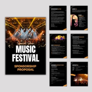 Puede incluir: Propuesta de patrocinio negra para un festival de música. La portada presenta una foto de concierto con el texto "Special Show MUSIC FESTIVAL SPONSORSHIP PROPOSAL". Páginas adicionales detallan paquetes de patrocinio.