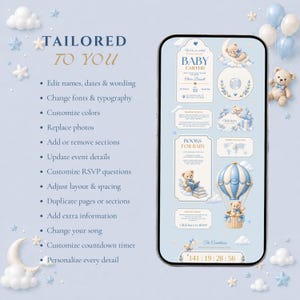 Może przedstawiać: Cyfrowy szablon zaproszenia wyświetlony na ekranie smartfona z motywem baby shower, misiami, balonami na ogrzane powietrze i chmurami. Tekst zawiera TAILORED TO YOU oraz listę opcji dostosowywania imion, dat i szczeg&oacute;ł&oacute;w wydarzenia.