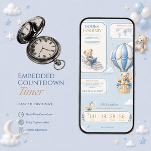 Może przedstawiać: Srebrny zegarek kieszonkowy i smartfon wyświetlający cyfrowe zaproszenie na baby shower w odcieniach niebieskiego i bieli. Na ekranie widać misie, balon na ogrzane powietrze oraz licznik odliczający 141 dni, 19 godzin, 28 minut i 56 sekund.