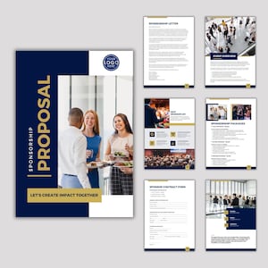 Può includere: Un documento di proposta di sponsorizzazione multipagina con uno schema di colori blu scuro e oro. La copertina mostra il testo "SPONSORSHIP PROPOSAL" e "LET'S CREATE IMPACT TOGETHER" accanto a una foto di un evento di networking.