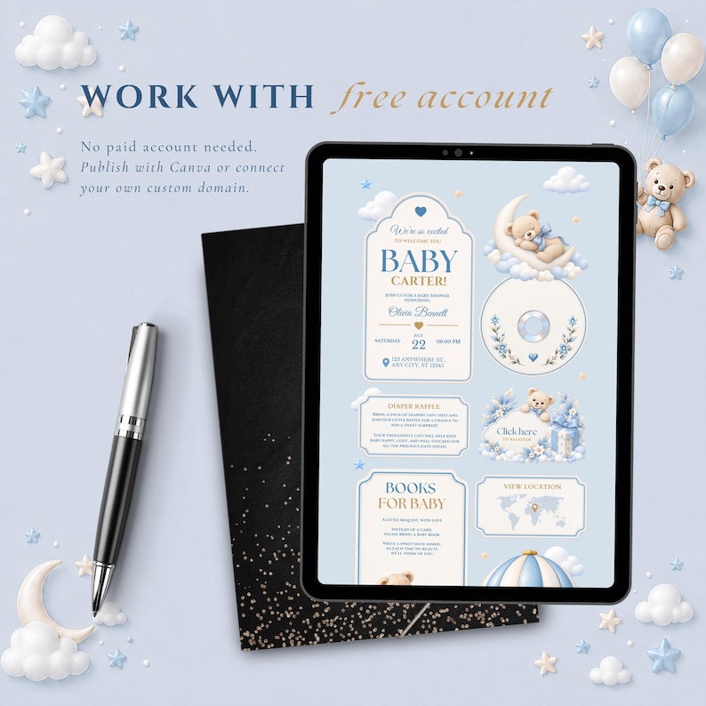 Może przedstawiać: Tablet wyświetlający szablon zaproszenia na baby shower z motywem misia, zawierający tekst taki jak BABY CARTER, DIAPER RAFFLE i BOOKS FOR BABY, obok czarnego długopisu i czarnej karty ze złotymi drobinkami na jasnoniebieskim tle.