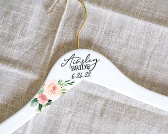 Bridesmaid Hangers Wedding Hangers with Names, Gold Hooks, Gift for Bride & Bridesmaids Gift Name for Wedding Dress  Floral White (HFL249)