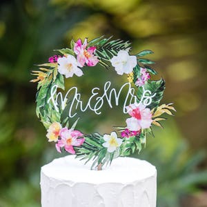 Tropical Wedding Cake Topper Floral Wreath Mr & Mrs Colorful Wooden Cake Decoration Wedding Decor Beach Destination Wedding TRM840 image 6