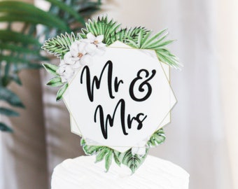Tropical Wedding Cake Topper Floral Wreath Mr & Mrs Geometric Wedding Cake Decor Destination Wedding Beach Island Style (TRM919)