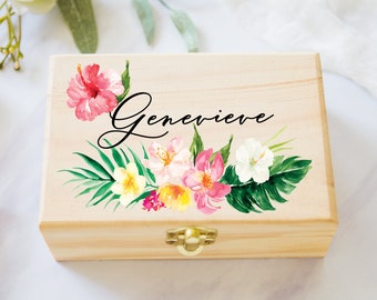 Flower Girl or Bridesmaids Gift Box Jewelry Box Tropical Personalized Name, Wooden Box for Wedding Bridal Party Gift Box (Item - JBF345)