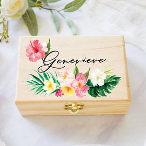 Flower Girl or Bridesmaids Gift Box Jewelry Box Tropical Personalized Name, Wooden Box for Wedding Bridal Party Gift Box Item JBF345 image 1