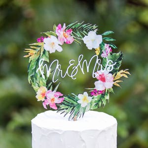Tropical Wedding Cake Topper Floral Wreath Mr & Mrs Colorful Wooden Cake Decoration Wedding Decor Beach Destination Wedding TRM840 image 3