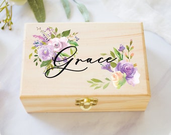 Flower Girl or Bridesmaids Gift Box Jewelry Box Purple Personalized Name, Wooden Box for Wedding Bridal Party Gift Box (Item - JBF346)