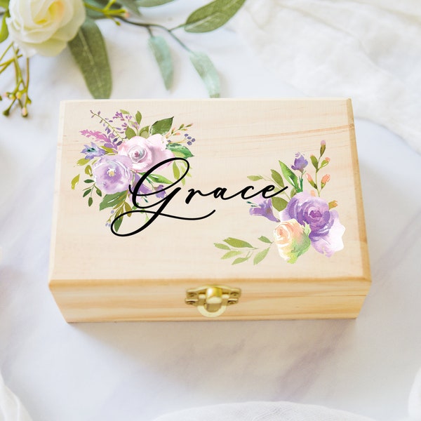 Flower Girl or Bridesmaids Gift Box Jewelry Box Purple Personalized Name, Wooden Box for Wedding Bridal Party Gift Box (Item - JBF346)