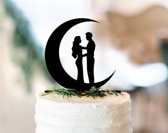 Celestial Wedding Cake Topper, Couple Moon Silhouette Custom Cake Topper for Wedding in Acrylic Cake Topper Boho Cake Topper (Item - MCT922)