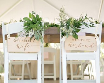 Wedding Signs for Bride & Groom Chairs Sweetheart Table, Wooden Rustic Signs Darling Wife Loving Husband Wood Chair Decor (Item - DWL100)