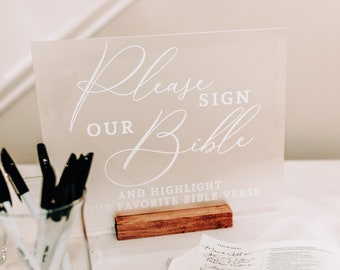 Guest Book Bible Sign Clear Frosted Acrylic Sign for Wedding, Clear Acrylic Wedding Sign & Stand, Sign the Bible Table Sign (Item - BIB64F)