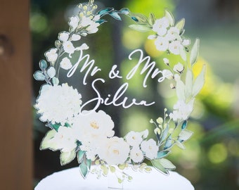 Wedding Cake Topper Floral Wreath Mr & Mrs Cake Decoration Wedding Decor Clear Acrylic or Wood Modern Classic Cake Decor (FCT949)