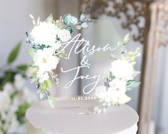 Wedding Cake Topper Clear Acrylic Floral Personalized Cake Topper Wedding Decor with Names Modern Classic Cake Topper (CHR922)