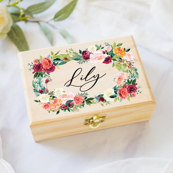 Flower Girl or Bridesmaids Gift Box Jewelry Box Personalized Name, Wooden Box for Wedding Bridal Party Gift Box (Item - JBF344)