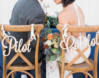 Pilot & Copilot Chair Signs for Airplane or Travel Themed Wedding, Custom Wedding Chair Signs in Many Colors (Item - PIL200)
