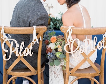 Pilot & Copilot Chair Signs for Airplane or Travel Themed Wedding, Custom Wedding Chair Signs in Many Colors (Item - PIL200)