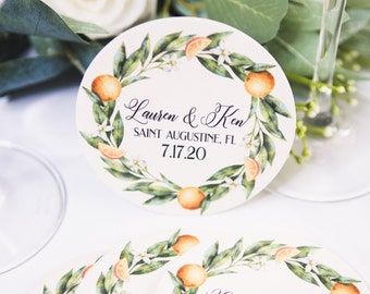 Wedding Favor Coasters, Orange Blossoms Wedding Personalized Names Date Wedding Favor Coasters Florida California Wedding (Item - COB540)