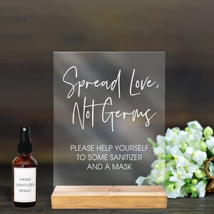 Mask Sign Clear or Frosted Acrylic Sign for Wedding, Spread Love Not Germs Clear Acrylic Wedding Sign & Stand for Masks (Item - SSN622)