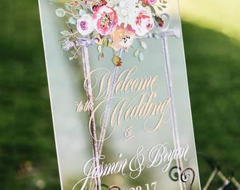 Acrylic Wedding Sign Welcome Sign Clear Personalized Names Floral Wedding Sign, Welcome Sign Clear Acrylic Wedding Sign (Item - LFL140)