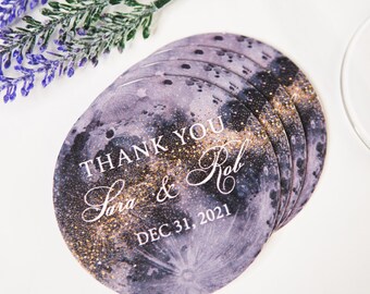 Wedding Favor Coasters, Moon Wedding Theme Personalized Names & Wedding Date Wedding Favor Coaster Moon and Stars Celestial (Item - CMN540)