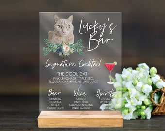 Pet Bar Sign with Custom Pet Portrait, Wedding Bar Sign YOUR Custom Dog or Cat Pet Picture, Bar Sign His Hers Drinks Sign Clear (CPS621)