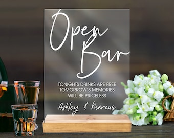 Open Bar Wedding Sign Clear or Frosted Acrylic Sign for Wedding, Bar Drinks Sign Clear Acrylic Wedding Sign & Stand (OBR640)