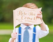 Ringer Bearer Sign, Flag Shaped "Here She Comes" for Wedding Ringbearer Gift Little Boy Bridal Party Accessory for Ceremony (Item - RBF100)