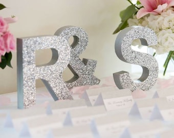 Glitter Letters for Wedding Table Signs, Wooden Initial Sign Set Personalized Wood Letters Initial Signs for Wedding Signs (INI400)