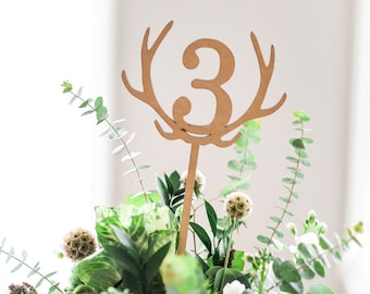 Wedding Rustic Antler Table Numbers - Boho Style Wooden Numbers Table Centerpieces Sticks or Stands Wedding Decor Reception Sign (LAS100)