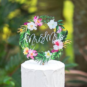 Tropical Wedding Cake Topper Floral Wreath Mr & Mrs Colorful Wooden Cake Decoration Wedding Decor Beach Destination Wedding TRM840 image 7