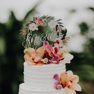 Tropical Wedding Cake Topper Floral Wreath Mr & Mrs Colorful Wooden Cake Decoration Wedding Decor Beach Destination Wedding TRM840 image 1