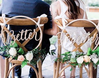 Wedding Ring Chair Signs Hoop Style Better Together Wedding Chairs, Floral Hoop Calligraphy Wooden Hanging Signs Set Circle (Item - BTH200)