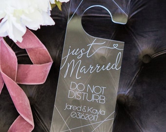Personalized Wedding Door Hanger, Honeymoon or Wedding Night Gift Acrylic Wedding Sign, Just Married Door Hanger in Clear Acrylic (CDH250)