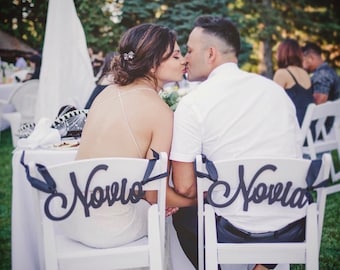 Novia and Novio Chair Signs for Wedding, Hanging Chair Signs Wooden Wedding Signs Bride & Groom Spanish Wedding Sgns (Item - LNN200)