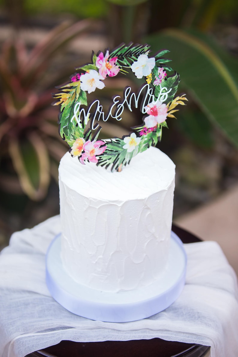 Tropical Wedding Cake Topper Floral Wreath Mr & Mrs Colorful Wooden Cake Decoration Wedding Decor Beach Destination Wedding TRM840 image 5