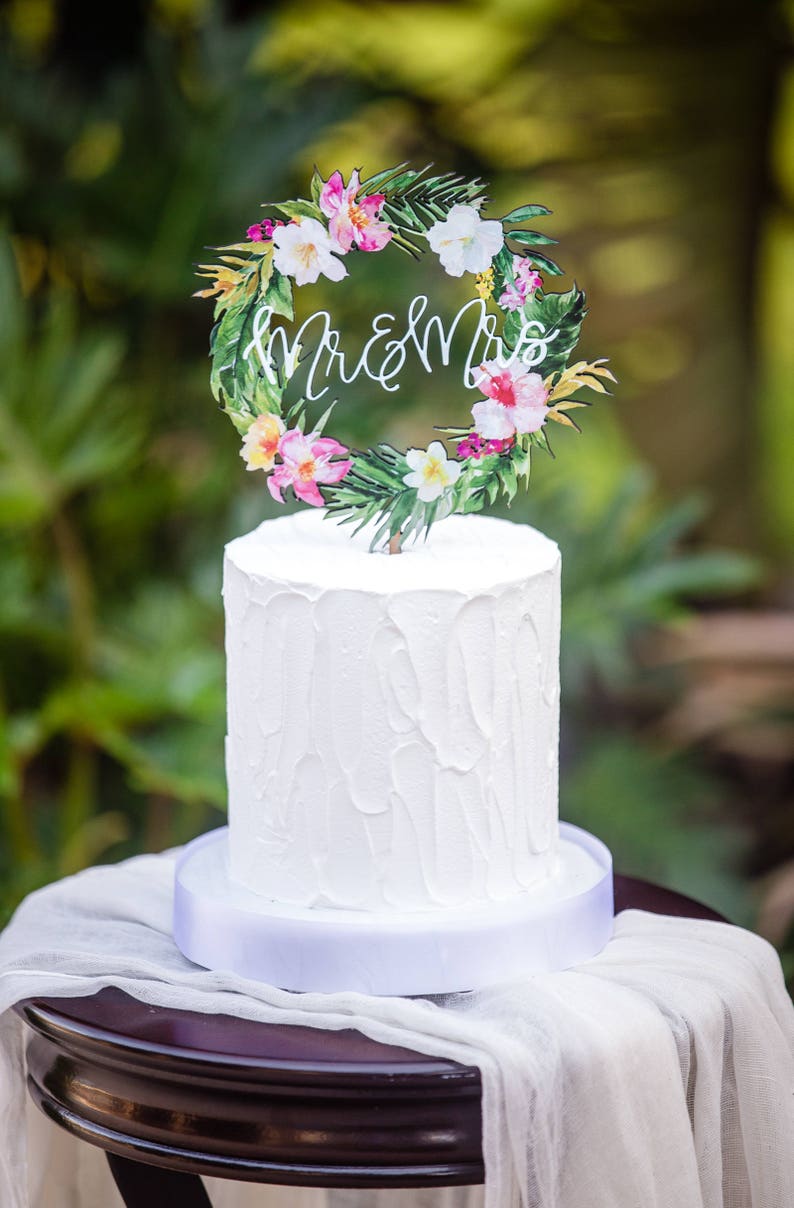 Tropical Wedding Cake Topper Floral Wreath Mr & Mrs Colorful Wooden Cake Decoration Wedding Decor Beach Destination Wedding TRM840 image 6