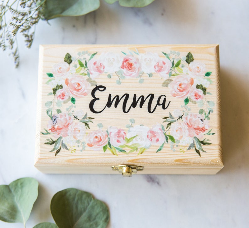 Flower Girl or Bridesmaids Gift Box Jewelry Box Personalized Name, Wooden Box for Wedding Bridal Party Gift Name Box Item JBF340 image 2