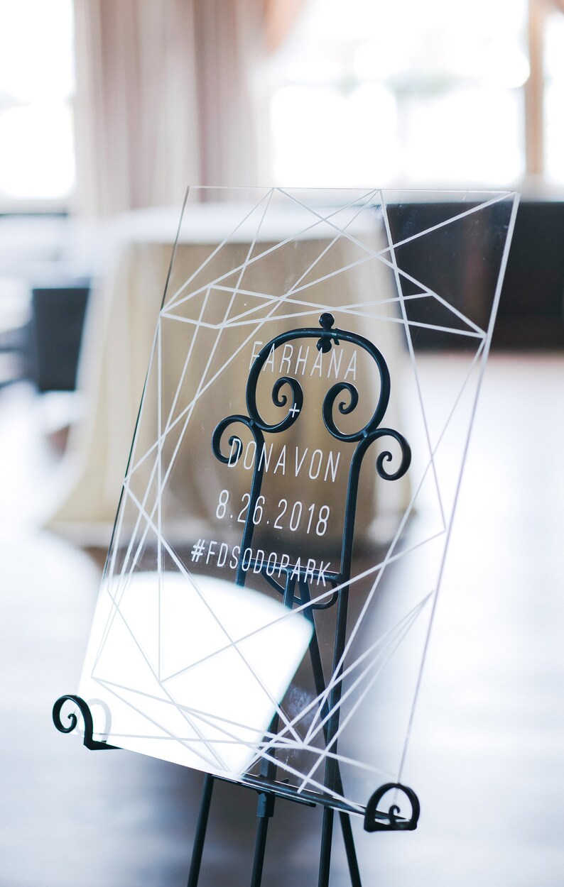 Wedding Welcome Sign Clear Acrylic Glass Look Welcome Sign, Geometric Lines Modern Minimalist Acrylic Wedding Sign Item GCW640 image 3