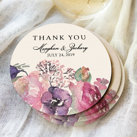 Wedding Coasters Thank You Favors Personalized Names Wedding Date Purple Floral Design Coaster for Wedding Drinks Bar item CFP440 Etsy