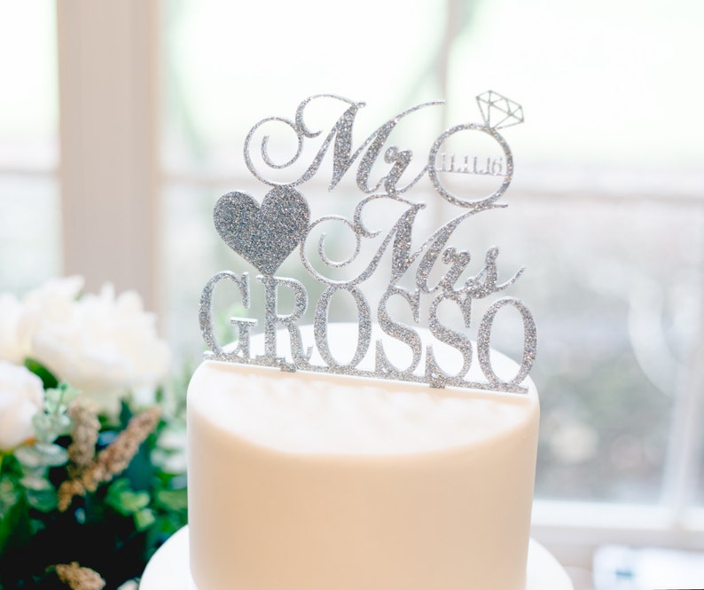 Last Name Cake Topper Wedding Dessert Decoration Item - CPR800 Wedding Cake Topper Personalized Mr /& Mrs Customized in Glitter