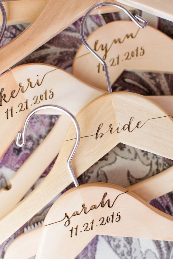 Personalized Mr Mrs Bride Groom Bridesmaid Calligraphy Wedding Hangers set of 4 