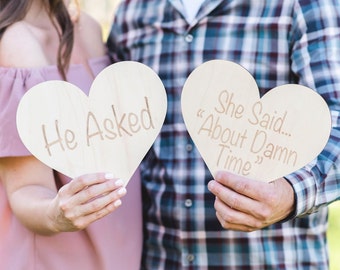 Engagement Sign Photo Prop, Wooden Hearts "He Asked...", Rustic Wood Sign Set for Save the Date Photo or Decor Ideas (Item - HAH200)
