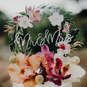 Tropical Wedding Cake Topper Floral Wreath Mr & Mrs Colorful Wooden Cake Decoration Wedding Decor Beach Destination Wedding TRM840 image 2