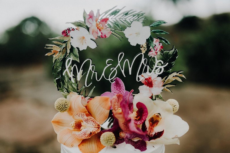 Tropical Wedding Cake Topper Floral Wreath Mr & Mrs Colorful Wooden Cake Decoration Wedding Decor Beach Destination Wedding TRM840 image 2