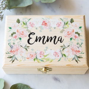 Flower Girl or Bridesmaids Gift Box Jewelry Box Personalized Name, Wooden Box for Wedding Bridal Party Gift Name Box Item JBF340 image 1