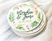 Tropical Wedding Coasters, Engagement Party Favors Names & Wedding Date Luau Party Island Coasters Drinks Bar Wedding Favor (Item - TRW440)