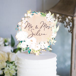 Mr & Mrs Wedding Cake Topper - Eucalyptus Wooden Wreath With Leaves, Unpainted Birch Plywood
