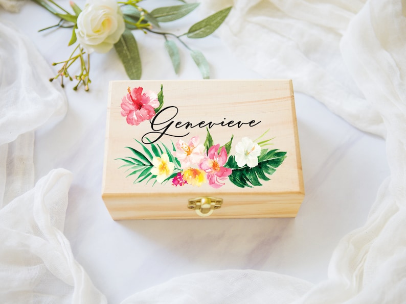 Flower Girl or Bridesmaids Gift Box Jewelry Box Tropical Personalized Name, Wooden Box for Wedding Bridal Party Gift Box Item JBF345 image 1